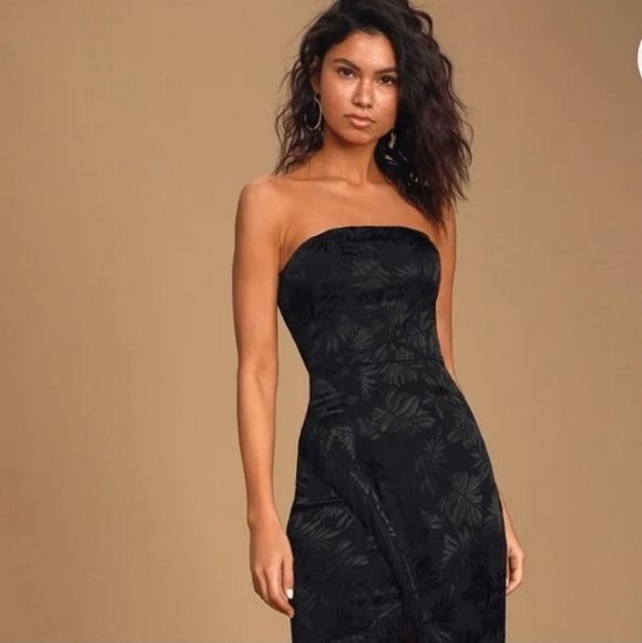 Lulus Ignite My Love Black Floral Embossed Strapless Fringe Midi Dress L - Picture 12 of 12